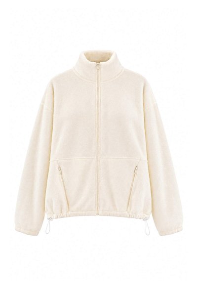 Trendyol Curve Beige Stand Collar Zipper Closure Fleece Oversize Knitted Plus...