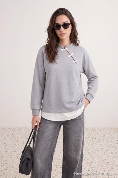 Trendyol Modest Gray Melange Oversize/Wide Cut Stand Collar Chinese Buttoned ...
