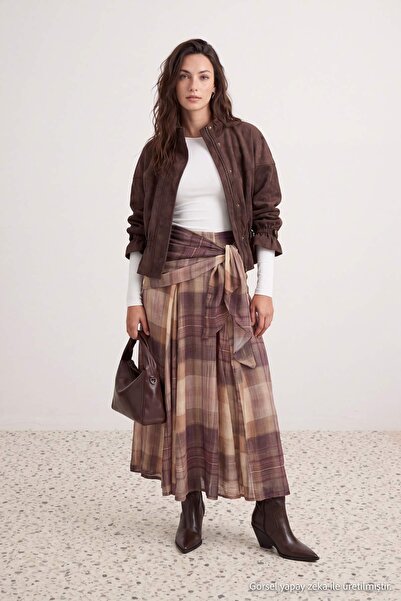 Trendyol Modest Brown Plaid Maxi Skirt with Tie Detail Tctaw27Ee00008