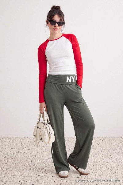 Trendyol Collection Khaki Soft Touch Folded Waist Printed Wide Leg Knitted Sw...