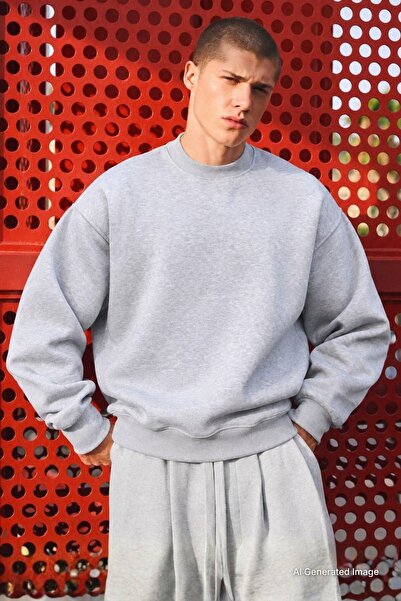 Madmext Ανδρικό φούτερ με γκρι λαιμόκοψη Oversize Rose Gold Basic 6048