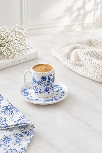 Tulu Porselen Blue Blanc Botanic 6 Kişilik 12 Parça Kahve Fincan Seti (90cc)