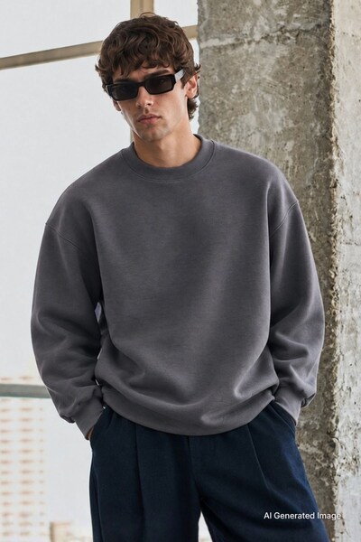 Madmext Füme Bisiklet Yaka Oversize Şardonlu Basic Erkek Sweatshirt 6048