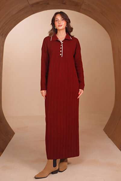 Balenbi Women's Polo Collar Button Detailed Ribbed Long Knitwear Dress 8515