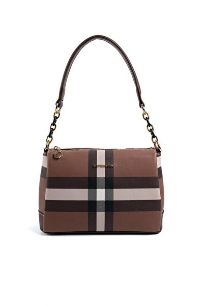Silver Polo Maro închis - Geantă crossbody de damă în carouri maro SP910