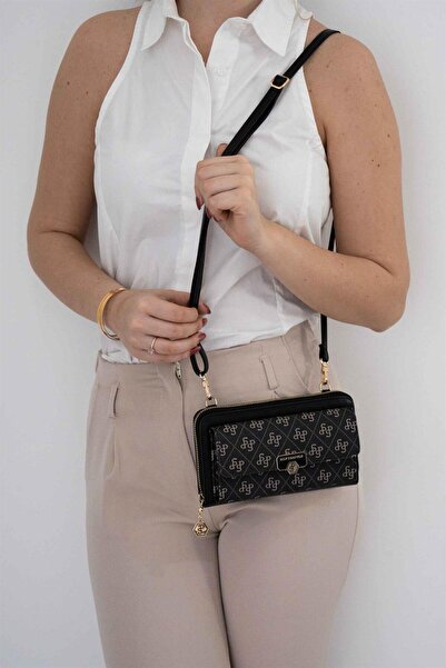 Silver Polo محفظة نسائية سوداء مع حزام للهاتف طراز SP921