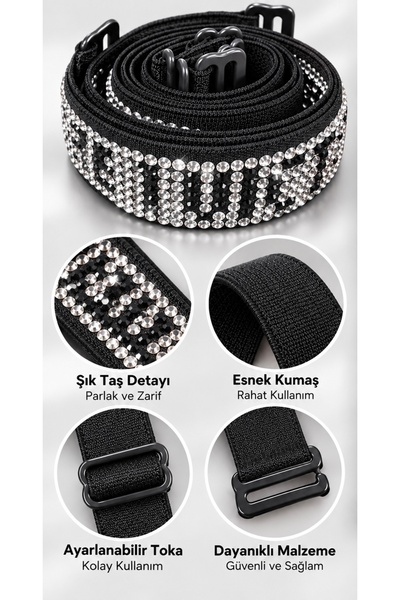 SATTENS Stone-Embellished Bra Straps with Stylish Stone Details, Black, 1 Pair