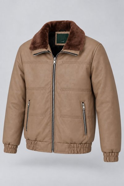 ByTrend Yaka Kürklü Dolumlu Suni Deri Kışlık Mont KMD 894_50537-1