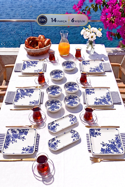 ers erbaşlar Royal Blue Antik 14 Parça 6 Kişilik Kare Kahvaltı Takımı, Lüx Ka...