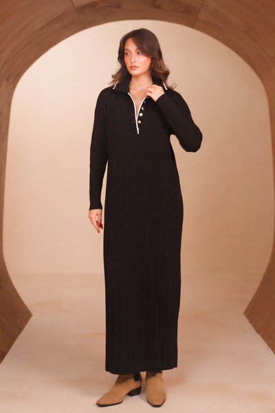 Balenbi Women's Polo Collar Button Detailed Ribbed Long Knitwear Dress 8515