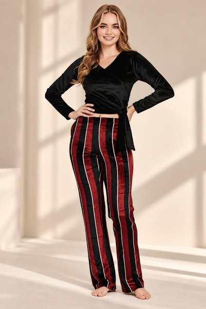 gd goldoremi 89-519 Women's Velvet Side Tie Striped Long Sleeve Pajama Set