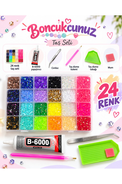 boncukcunuz 24’lü Bedazzle Taş Süsleme Seti Yapıştırıcı Kalem Cımbız ve Taş D...