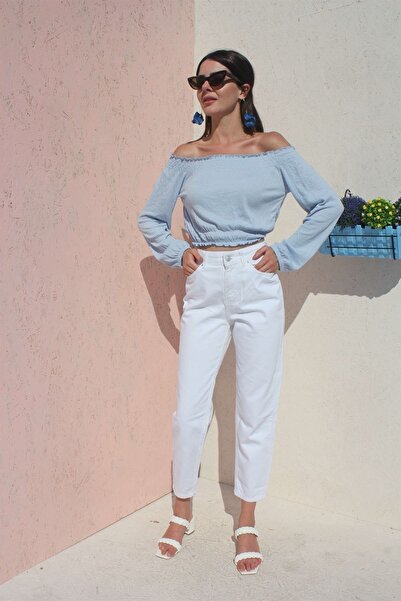 beeke Pantaloni de damă Lena, cu talie înaltă, albi, model Mom TREND