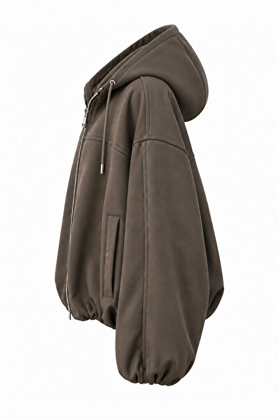 NET OF NOT Olivia Zr Model Hooded Oversize Bomber Women's Khaki Suede Leather Jacket