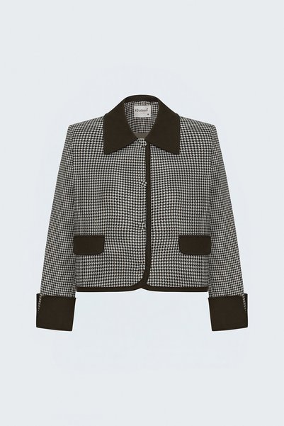 Sateen Houndstooth Patterned Denim Detailed Jacket - Brown