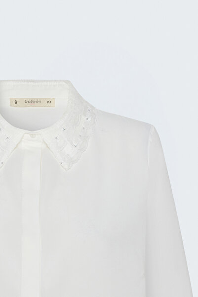Sateen Classic Shirt with Lace Detail - Ecru