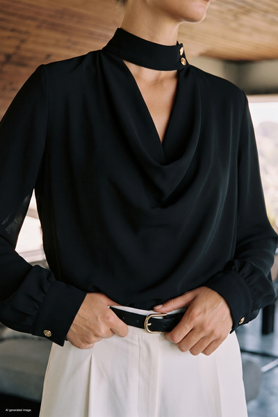 Sateen Plunging Neck Blouse - Black