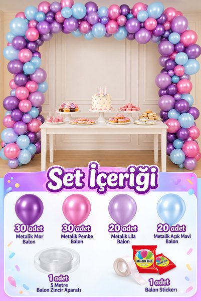 Parti dolabı 100lü Deniz Kızı Konsept Metalik Balon Ve Balon Zinciri (30 Mor,...