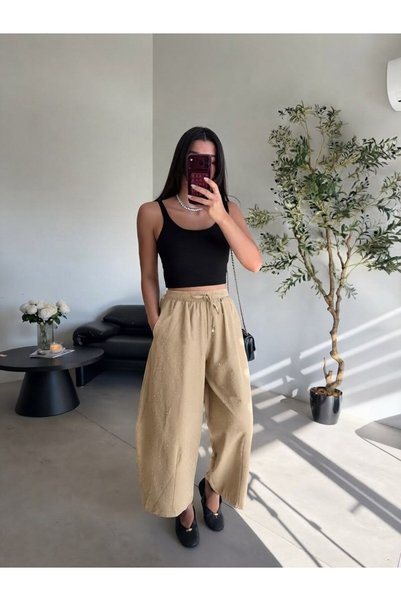 Bade Butik بنطال بيج لامع بخصر مطاطي