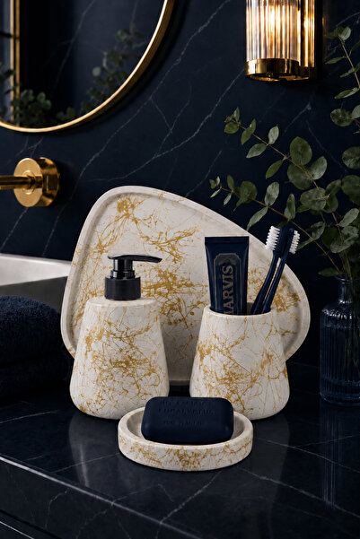 betonmall 4 Piece Marble Patterned Concrete Bathroom Set |   Liquid Soap Disp...