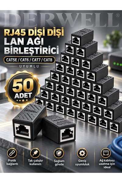 Derwell 50 Adet Gigabit Destekli 8p8c Utp Rj45 Dişi Dişi Cat5/cat6/Cat7Cat8 Ethernet Lan Ağı Birleştirici Ara Internet Kablosu Uzatıcı