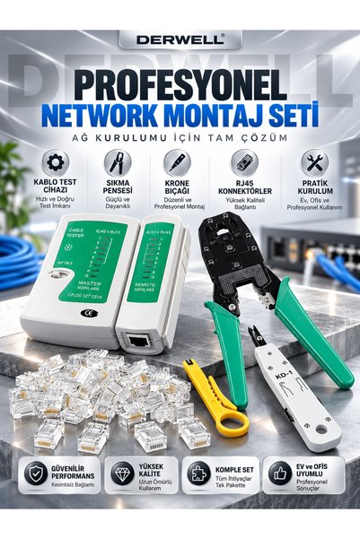 Derwell Network Seti RJ45 RJ11 Rj9 Sıkma Pensesi Cat5 Cat6 Çakma + Test Cihazı + Krone Bıçağı + Konnektör