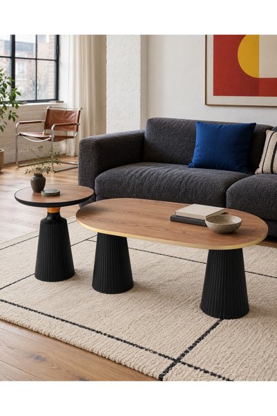 Veloni Calista Siyah-Ahşap Modern Orta Sehpa | Oval Tabla Çift Ayaklı Salon S...