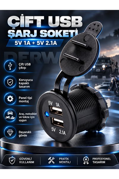 Derwell Motosiklet Araba Tekne Çift Usb Şarj Soketi 5v1a 5v2.1a 2 Usb Güç Çıkışı Su Geçirmez 12v Usb Priz