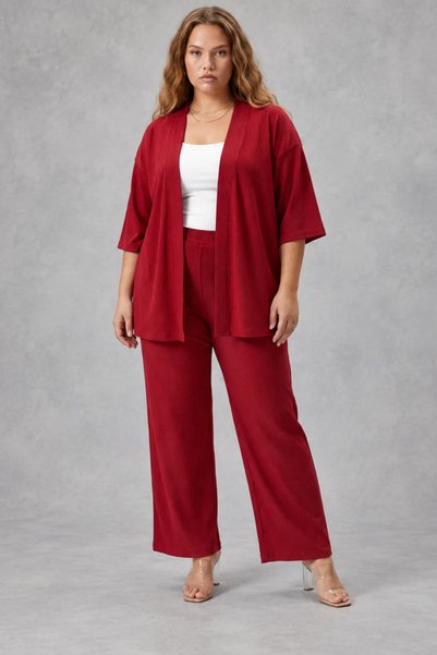 Talvien Büyük Beden Kimono Hırkalı 2’li Takım – Bürümcük Kumaş Oversize Şık Set