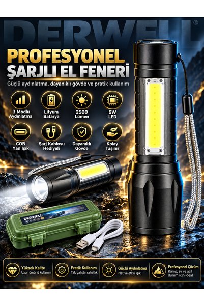 Derwell Usb Şarj Edilebilir Led Lamba El Feneri Küçük Taşınabilir Uzun Menzilli Yakınlaştırma Kamp Lambası
