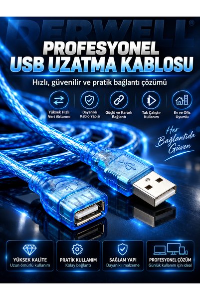 Derwell 1.8 Metre Usb Erkek To Dişi Uzatma Uzatıcı Ara Kablo Usb Extension Ca...