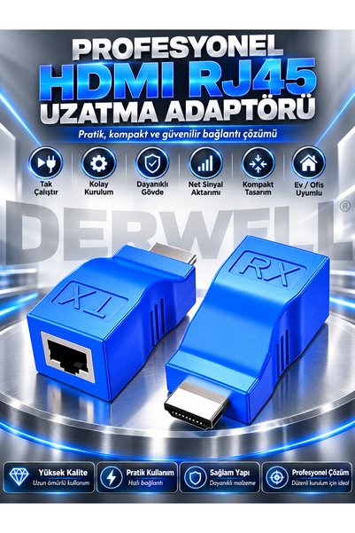 Derwell Hdmi Extender 4k 3d Rj45 Cat6 Ile 30m Hdmi Uzatıcı Ağ Lan Ethernet Ad...