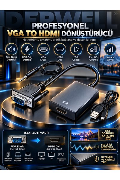 Derwell Yeni Nesil 2026 ( Vga To Hdmı ) Adaptörü Çıkış 1080p Hd Vga Erkek Hdm...