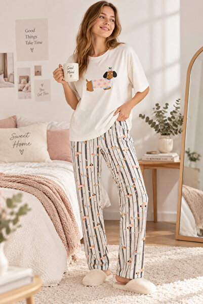 koza iç giyim Damen-Pyjama-Set aus Baumwolle mit buntem Hundemuster und Stric...
