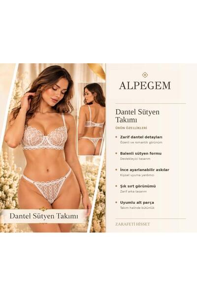 Alpegem Tekstil ALPEGEM Beyaz Dantel Desenli Transparan Bralet Takımı