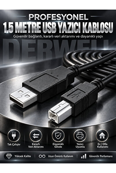 Derwell 1.5 Metre 1.5mt Usb Yüksek Hızlı 2.0 A-b Erkek Kablosu Canon Brother ...