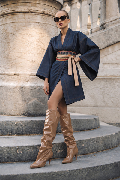 Oriandina Kuşaklı Denim Kimono