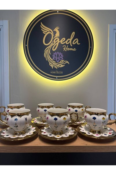 Ogeda Home 6 Kişilik Gold Çiçek Desenli Fincan Takımı-Buenos 6'lı Gold Çiçekli Fincan Seti