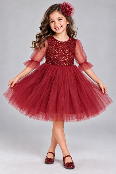 Mnk Sequin Tulle Girls' Dress Mnk0285 Bordo