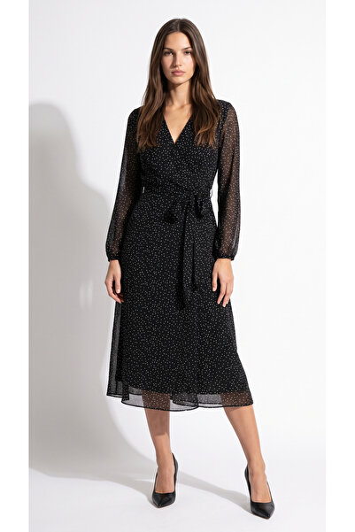 Apsen Collection Apsen Kadın Puantiyeli Şifon Astarlı Kruvaze Yaka Seyyar Kuşaklı Maxi Boy Elbise 4519-125