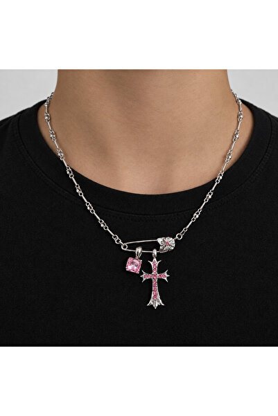 Generic Brand Colier cu cruce argintiu roz - Unisex, Lantisor 50 cm