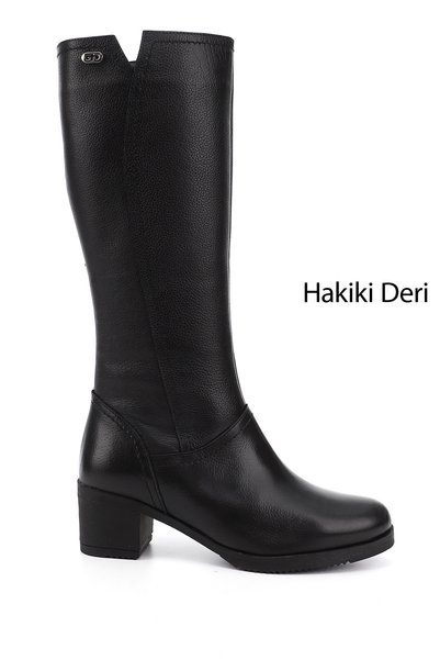 GÖNDERİ(R) Kadın Siyah Floter Fermuarlı Kalın Topuklu Hakiki Deri Çizme