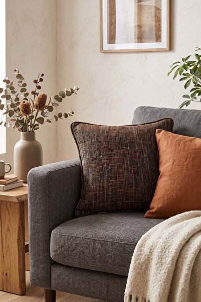 decofav Orange Black Textured Linen Effect Throw Pillow Case 43X43Cm