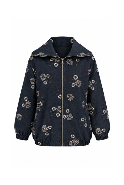 Mogi Butik Women's Floral Patterned Zippered Oversize Jean Bomber Jacket 3247...