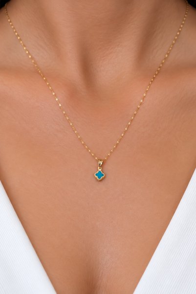 DİAMİNE PIRLANTA 14 Ayar Altın Mini Taşlı Yonca Kolye (6mm Mavi )