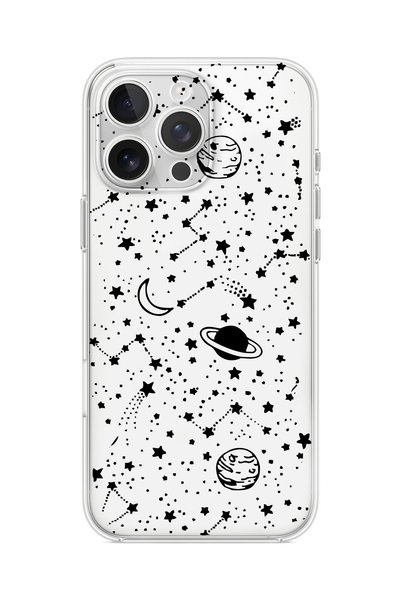 3GEN CASE iPhone 15 Pro Max Uyumlu Siyah Gezegenler Desenli Şeffaf Silikon Kılıf