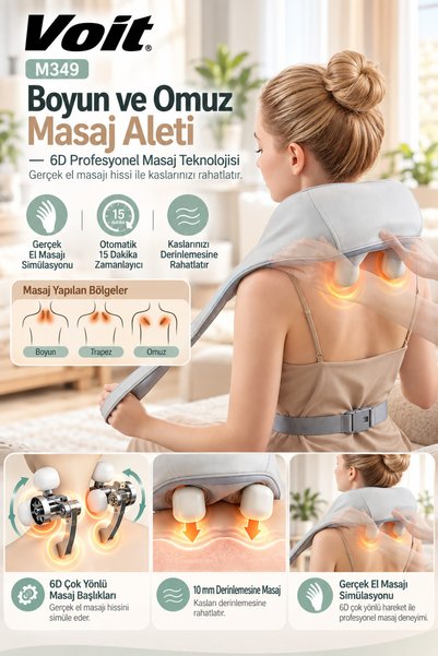Voit M349 6D Boyun Omuz Trapez Masaj Aleti Yoğurmalı El Masajı Simülasyonlu O...