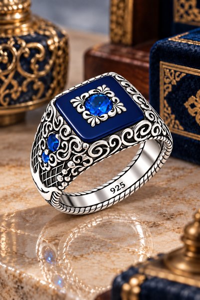 Siset Gümüş 925 Ayar Safir Taşlı Özel Tasarım Motifli Gümüş Erkek Yüzük