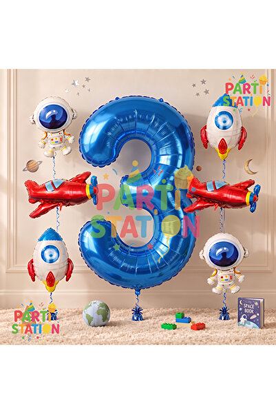 Parti Station Navy Blue Color Number Balloon Space Concept 3 Year Old Birthda...