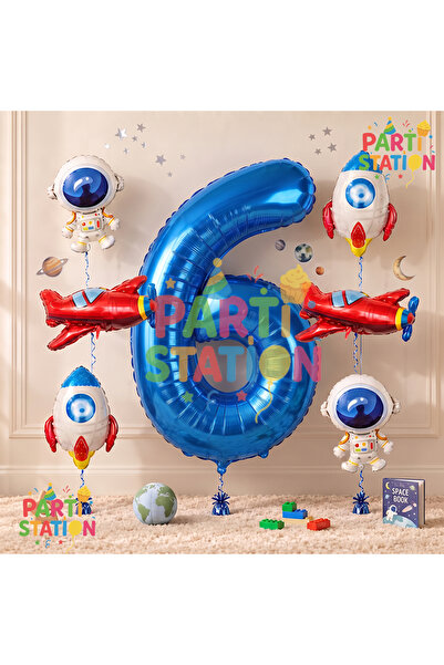 Parti Station Navy Blue Color Number Balloon Space Concept 6 Years Birthday B...